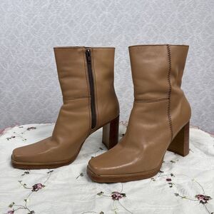 Vtg Candies Leather Boots Womens 8.5 Tan Chunky Heel Square Toe Mid Calf 90s Y2K